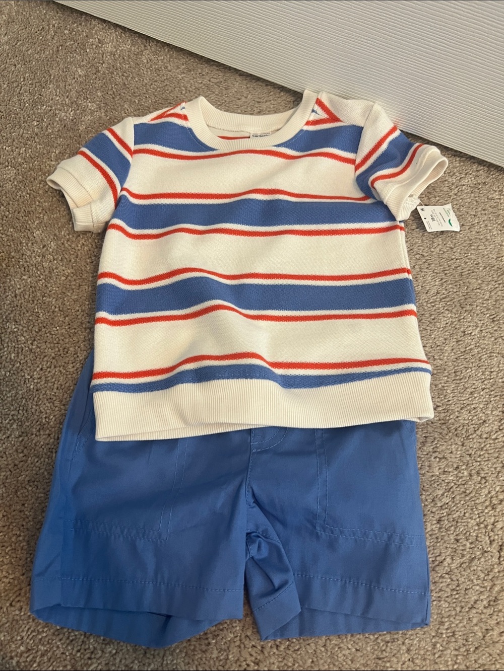 Carter's Cream Tee with Blue and Red Stripes with blue shorts